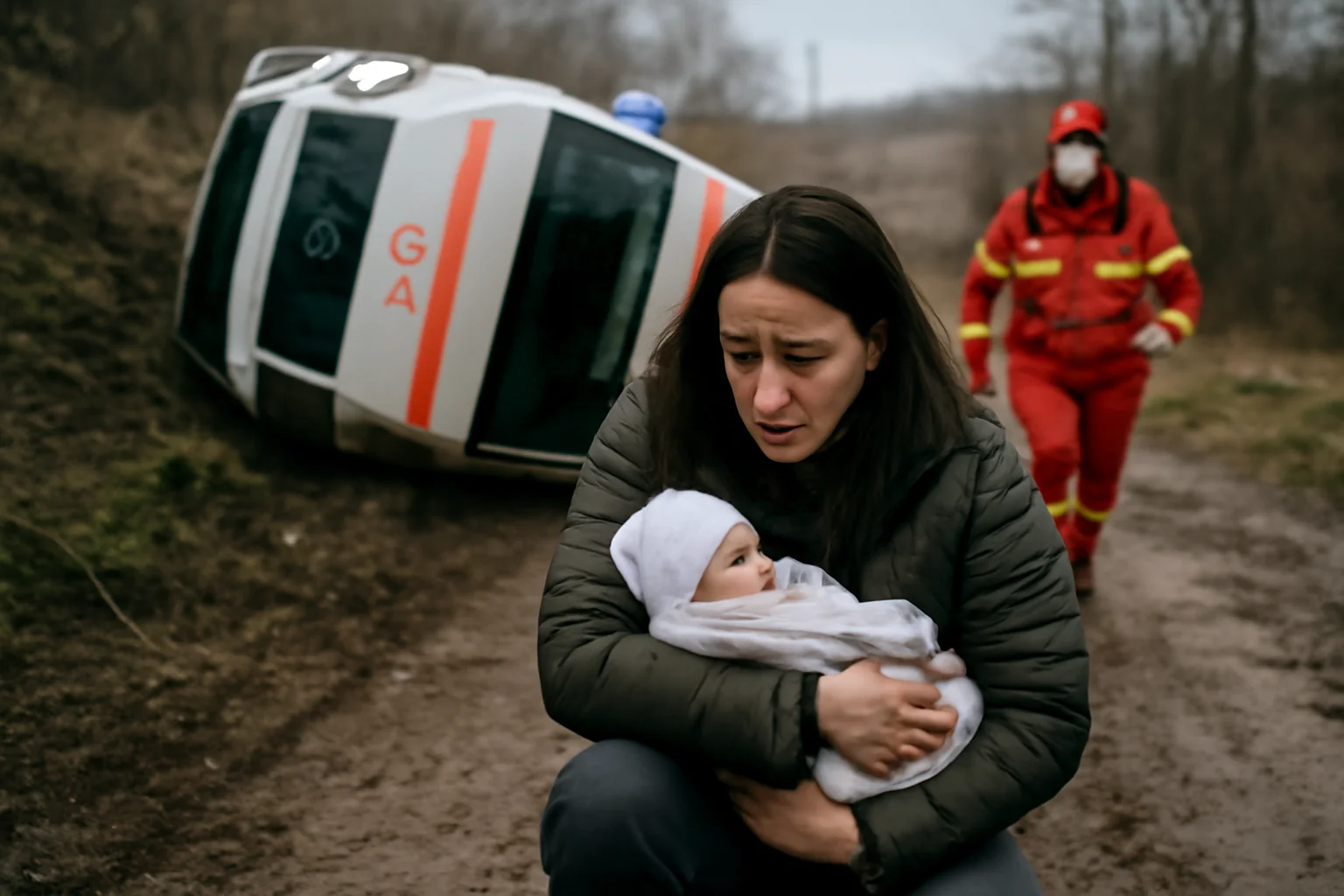ambulanță ieșită de pe carosabil, mamă și bebeluș salvați la timp