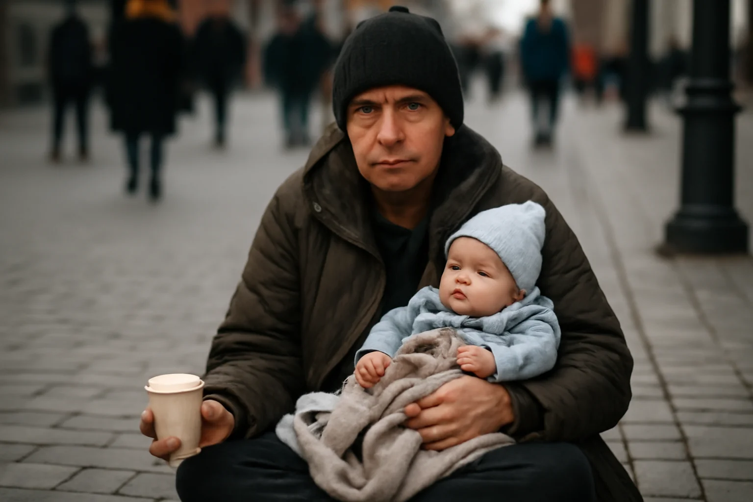 Femeie cerșind cu un bebeluș de 4 luni pe Pietonalul Ștefan cel Mare din centrul Iașului – imagini cutremurătoare