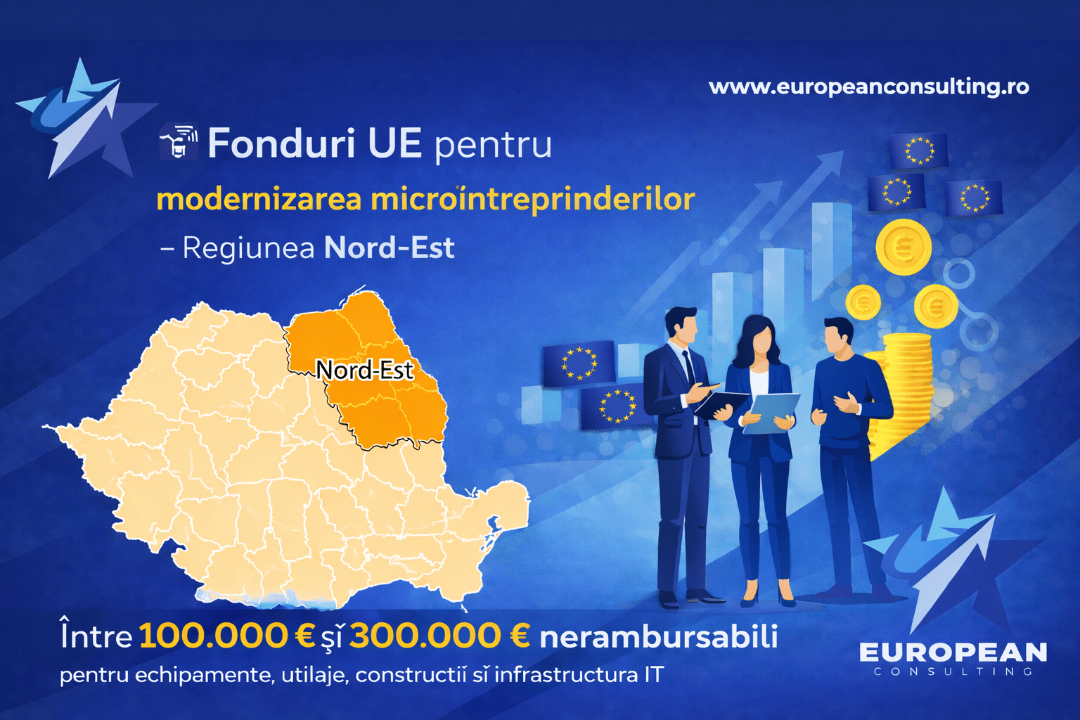 Finanțări de până la 300.000 € pentru microîntreprinderile din Nord-Est + sprijin educațional oferit de European Consulting
