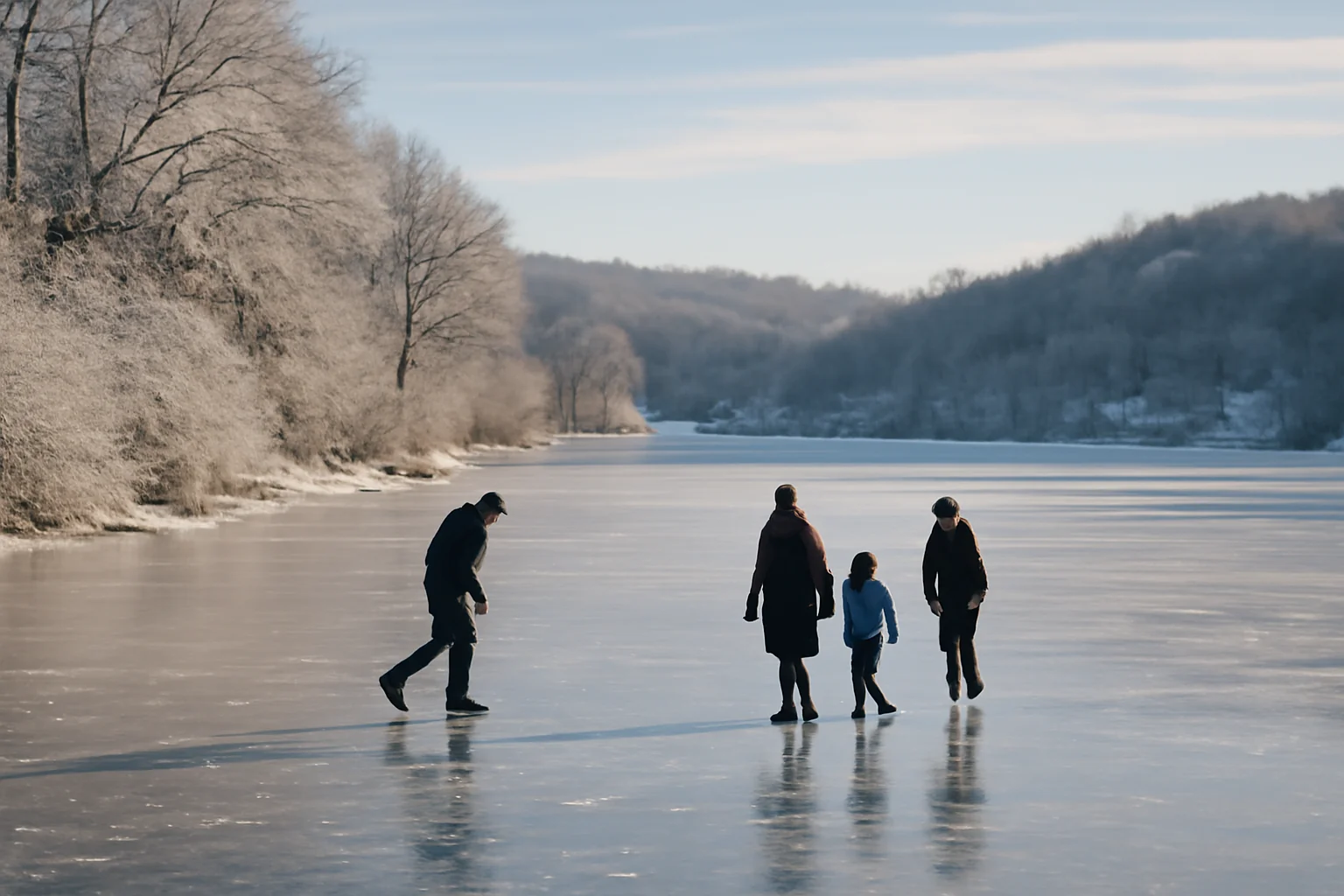 Lacul Dorobanț, lângă Iași, transformat într-un tablou de iarnă: suprafața apei este înghețată complet