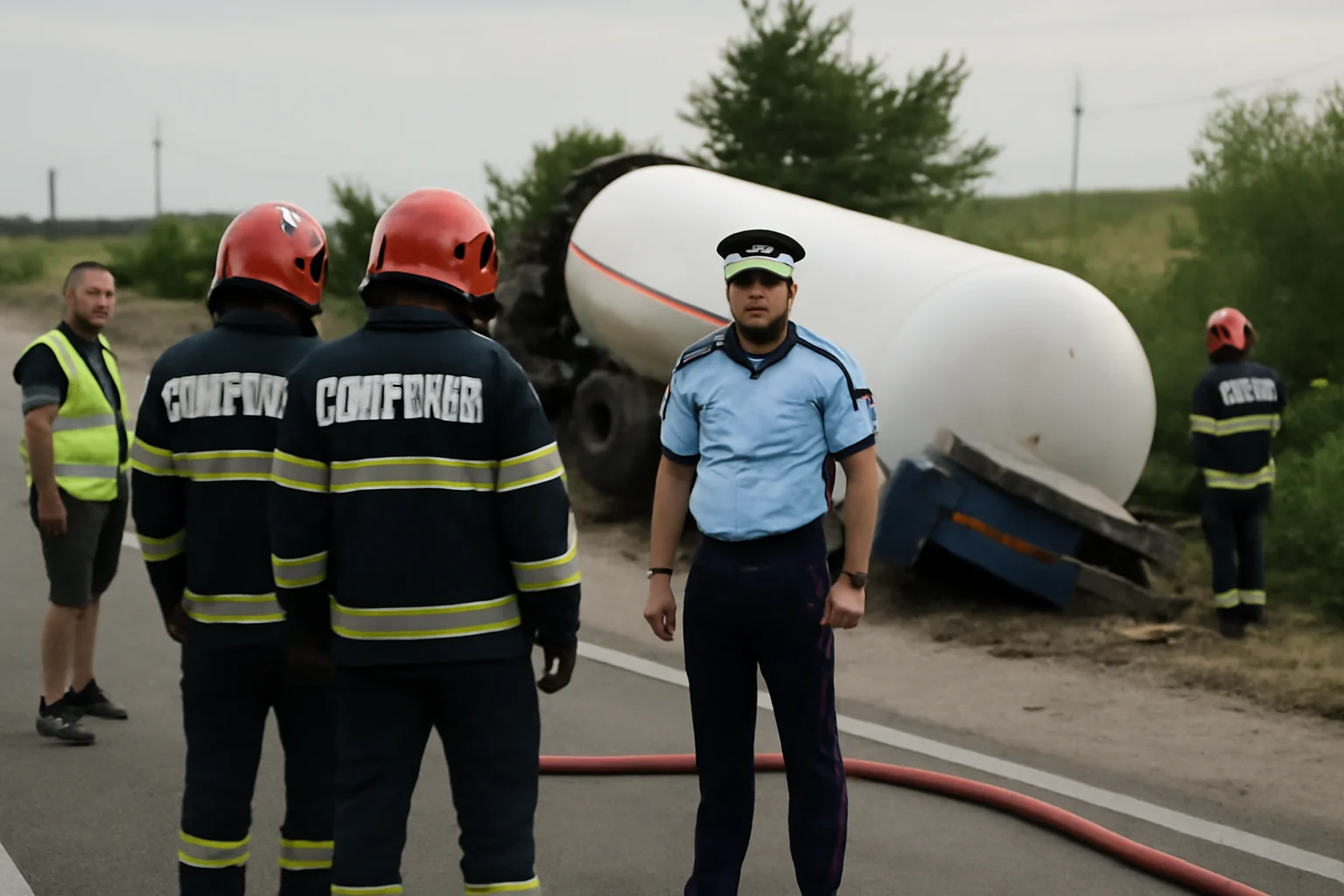 Risc de explozie pe DN26 după răsturnarea unei cisterne cu GPL