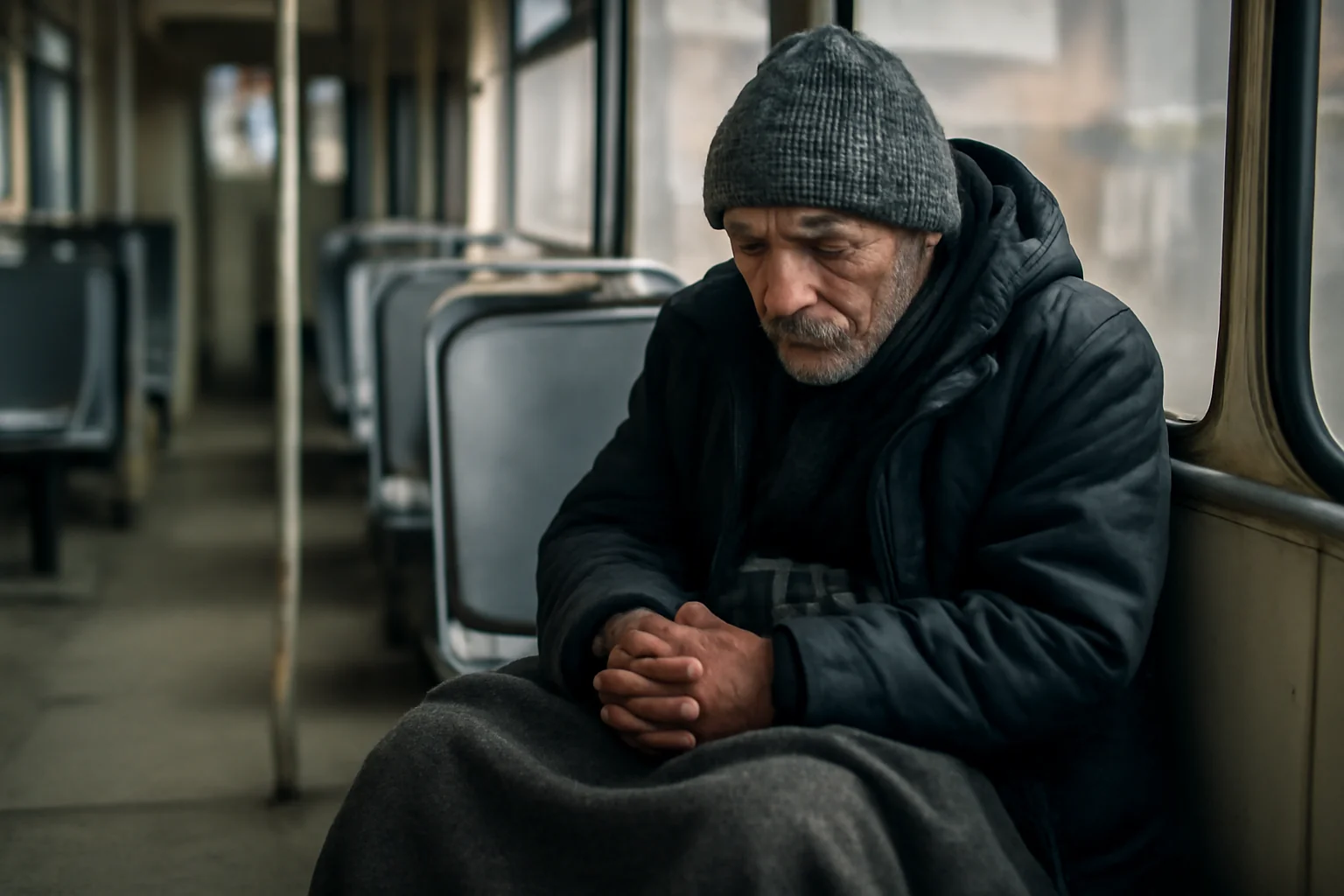 un bărbat fără încălzire își găsește adăpostul într-un tramvai